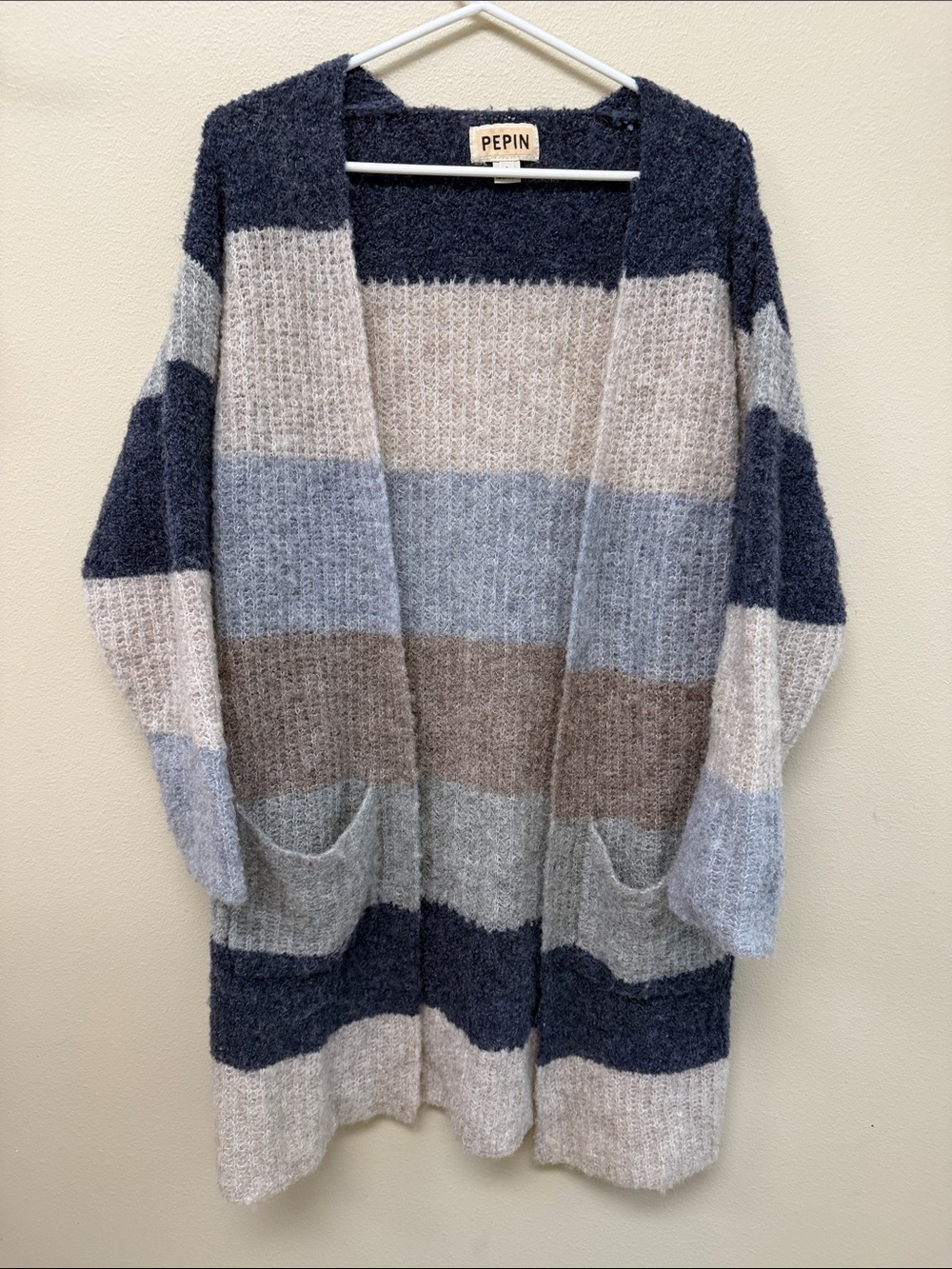 Pepin Striped Open-Front Cardigan in Blue, Gray, Brown, Cream